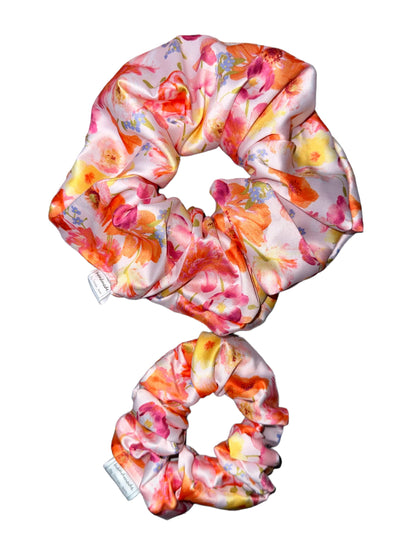 The Breagh Collection - Pink and Orange Floral Satin Hair Scrunchies