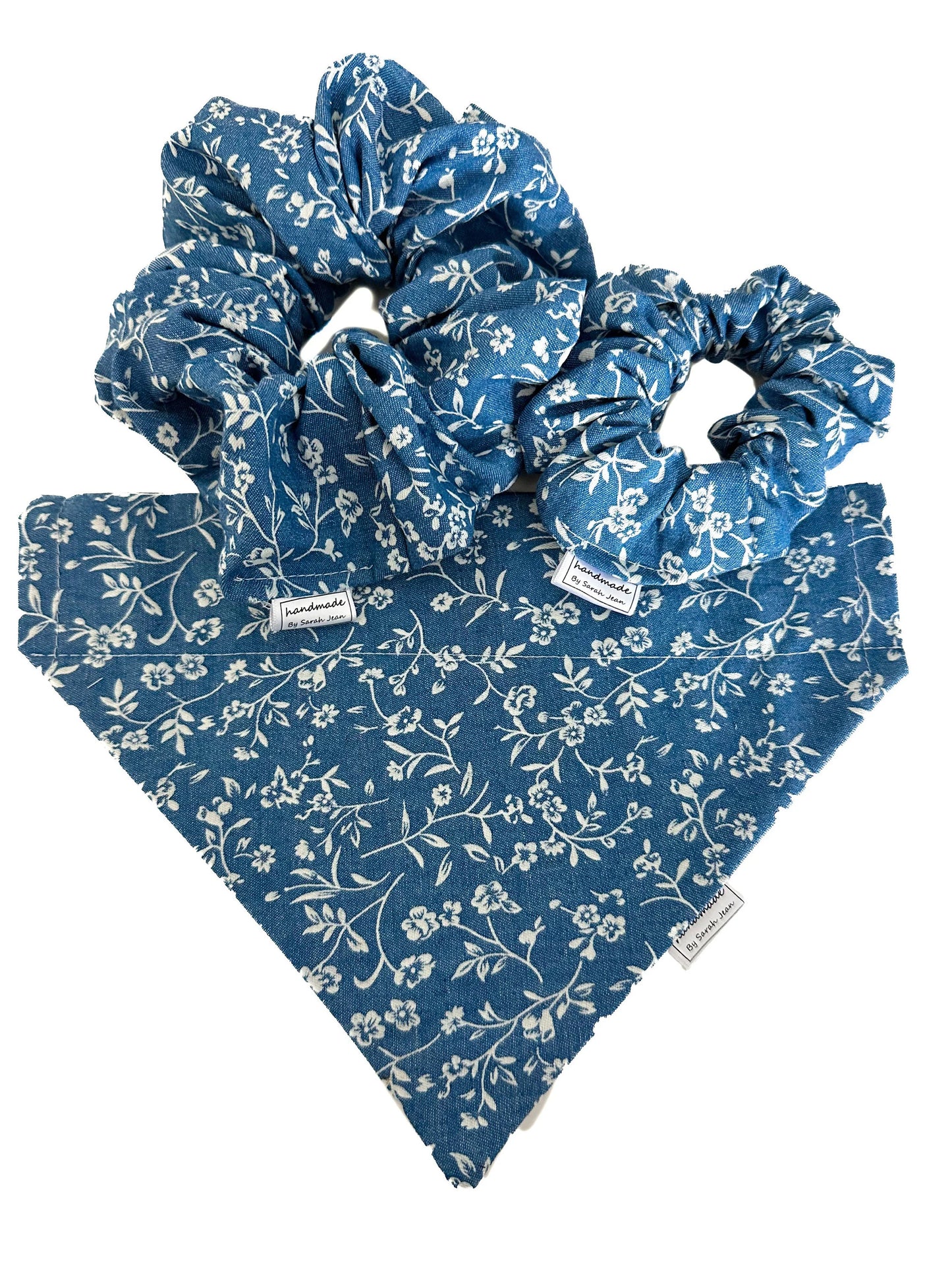 Floral Collection - Blue Printed Denim Pet Bandanas and Hair Scrunchies