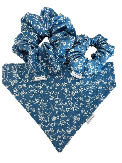 Floral Collection - Blue Printed Denim Pet Bandanas and Hair Scrunchies