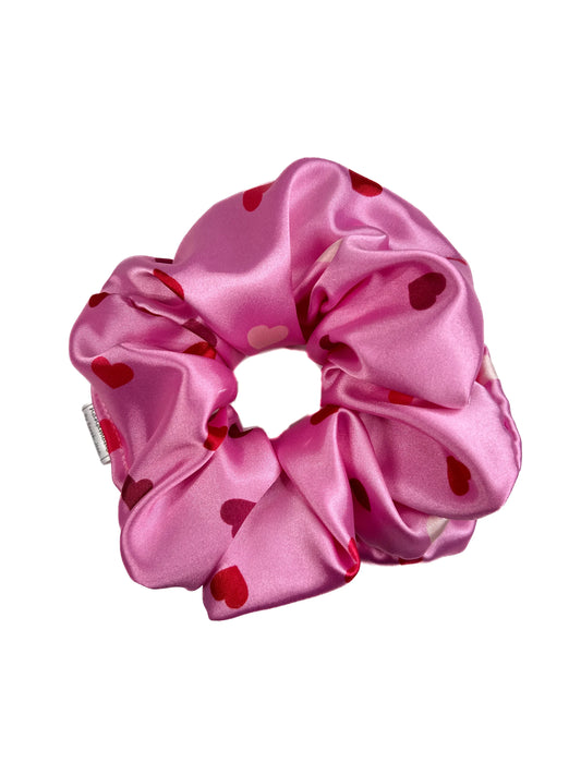 Pink Hearts Satin Hair Scrunchies