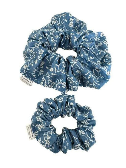 Floral Collection - Blue Printed Denim Pet Bandanas and Hair Scrunchies