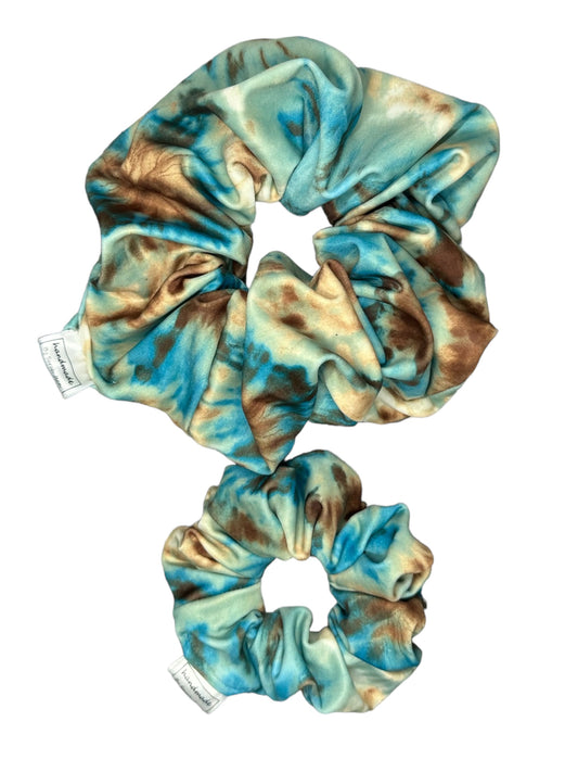 Tie Dye Collection - Teal & Tan Lycra Swim/Sweat Hair Scrunchies