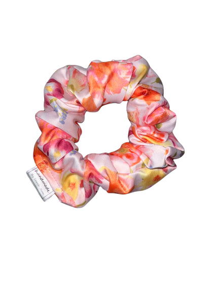 The Breagh Collection - Pink and Orange Floral Satin Hair Scrunchies