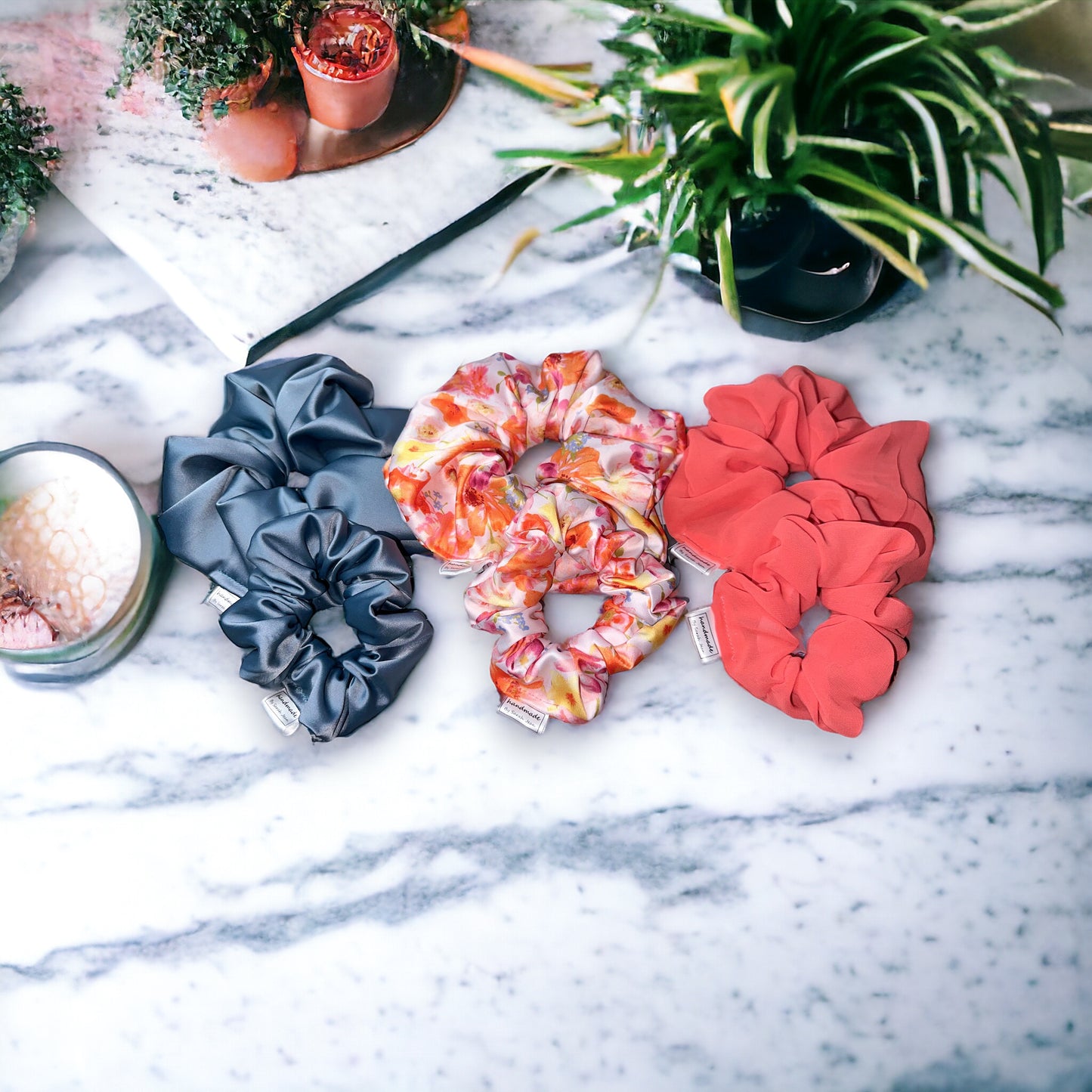 The Breagh Collection - Pink and Orange Floral Satin Hair Scrunchies