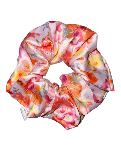 The Breagh Collection - Pink and Orange Floral Satin Hair Scrunchies