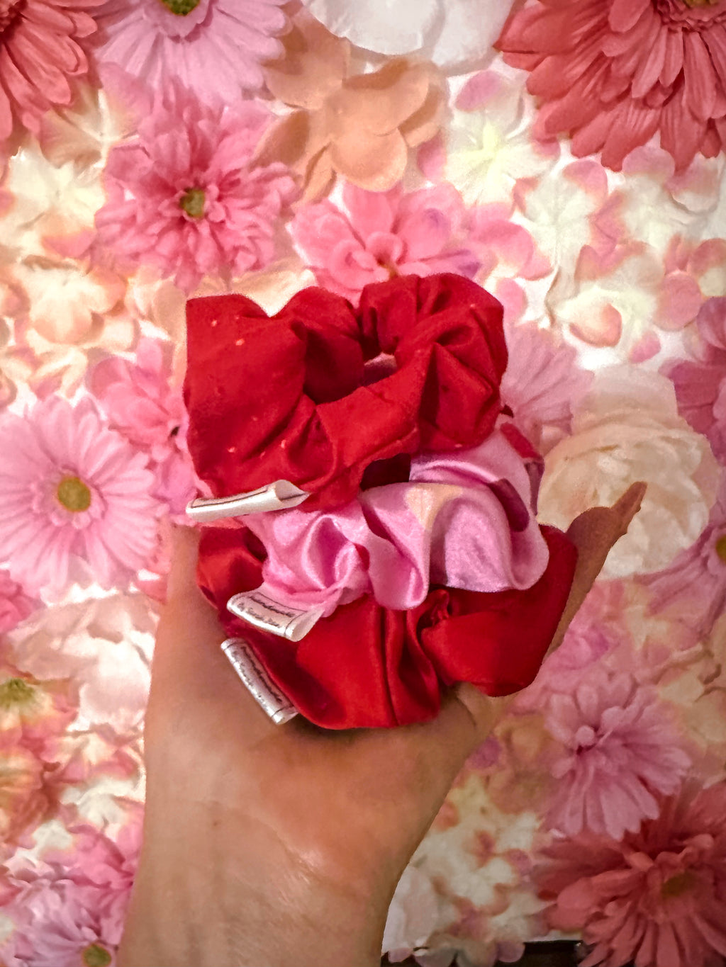 Pink Hearts Satin Hair Scrunchies
