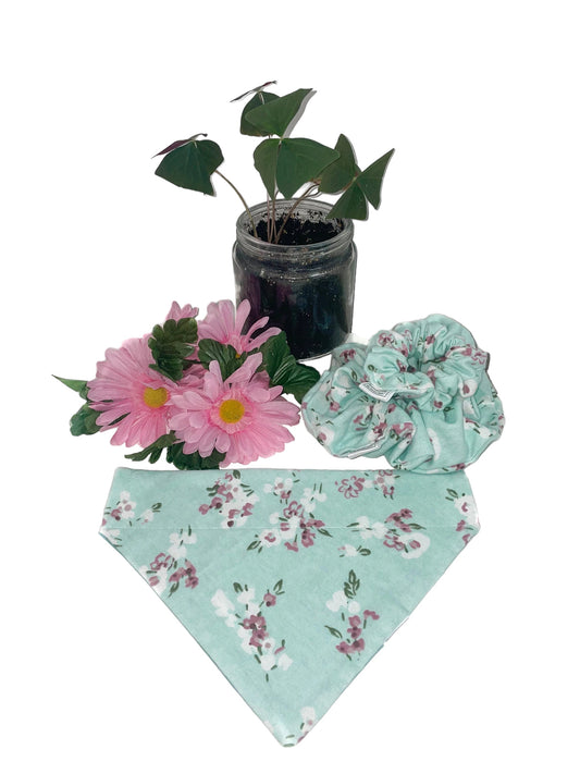 Spring Flowers Collection - Mint Green Floral Pet Bandanas and Hair Scrunchies