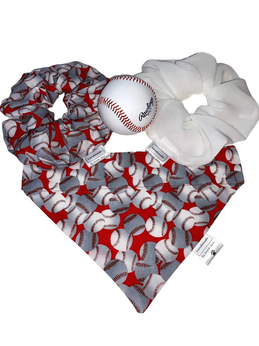 Baseball Collection - Red & White Baseballs Pet Bandanas and Hair Scrunchies